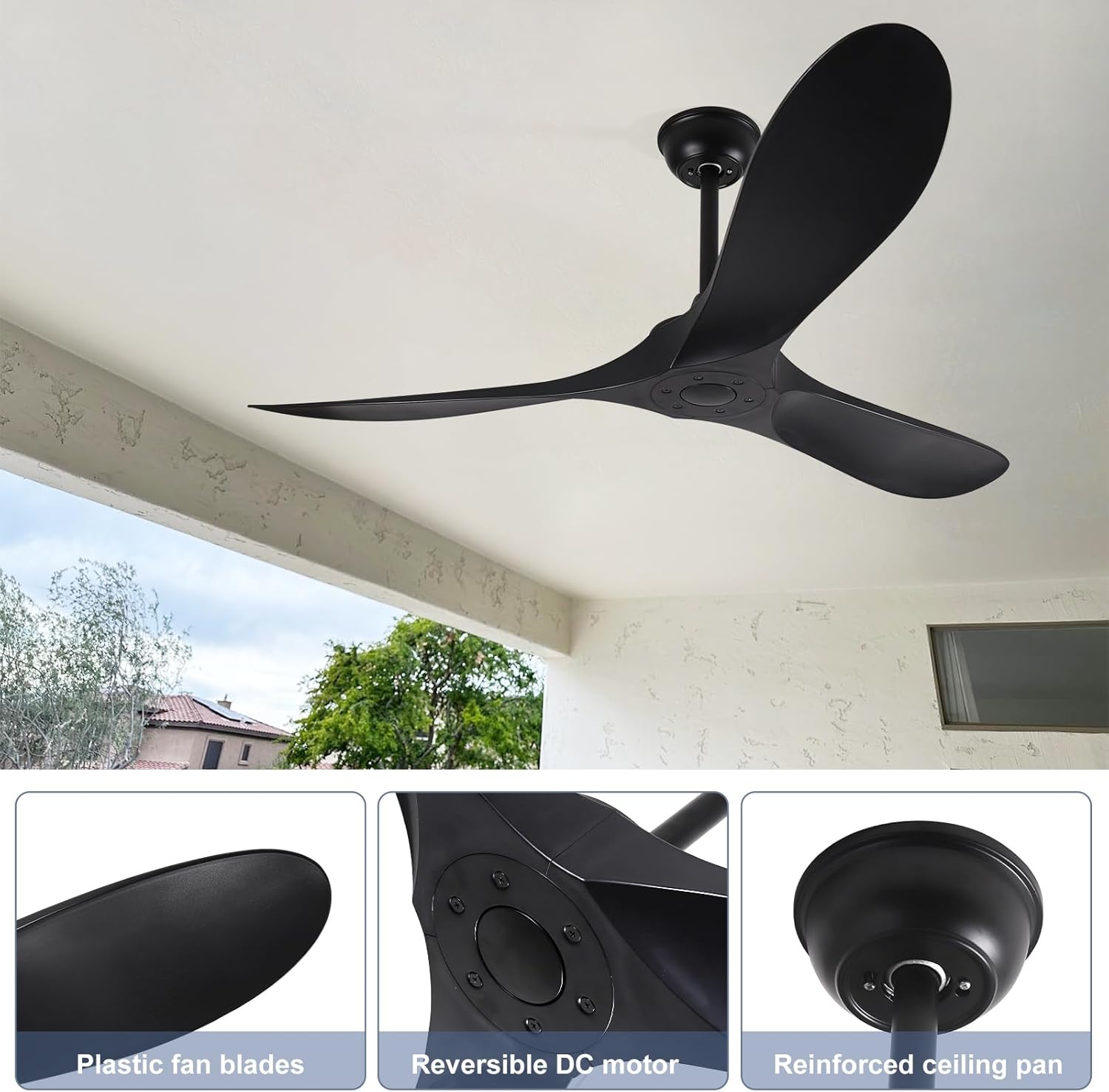 60'' Ceiling Fan No Light with Remote Control,Outdoor Ceiling Fan with DC Reversible and Silent Motor,3 Plastic Blades,Black Fan for Patios,Living Room,Bedroom