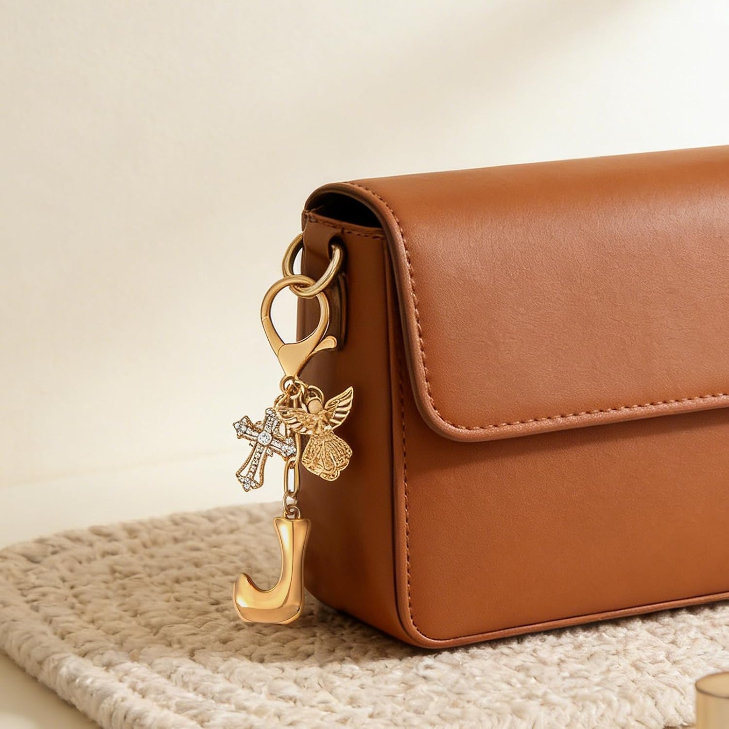 Snycler Angel Initial Keychain with Cross Pendant - Personalized Gold Letter Bag Charm for Women, Spiritual Gift, Cute Purse - Image 5