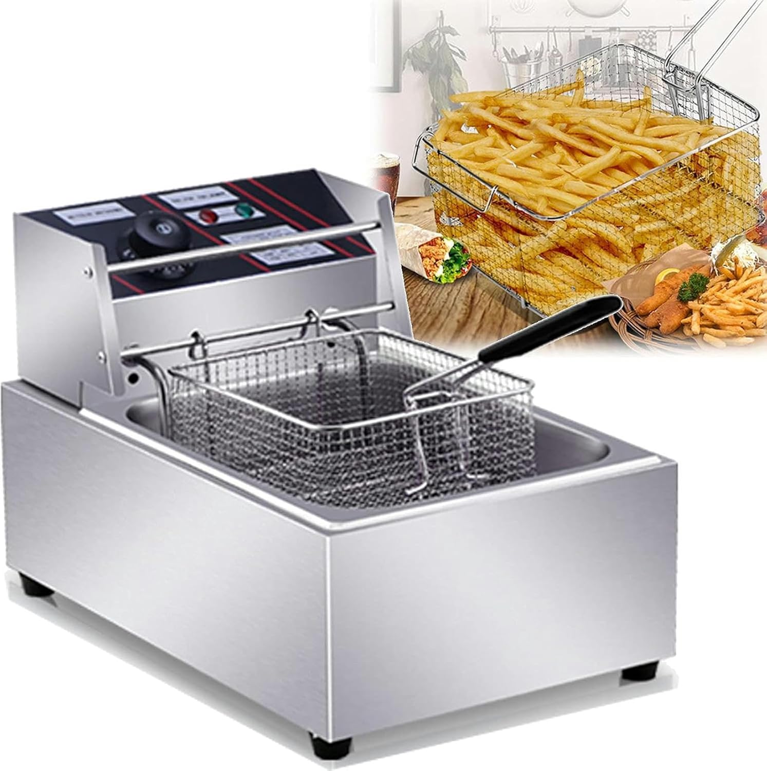 Commercial Electric Deep Fryer, 10L Single Fat Tank, Adjustable Temperature Control, With Safety Handle and Viewing Window, Stainless Steel Non Stick Coating, Silver