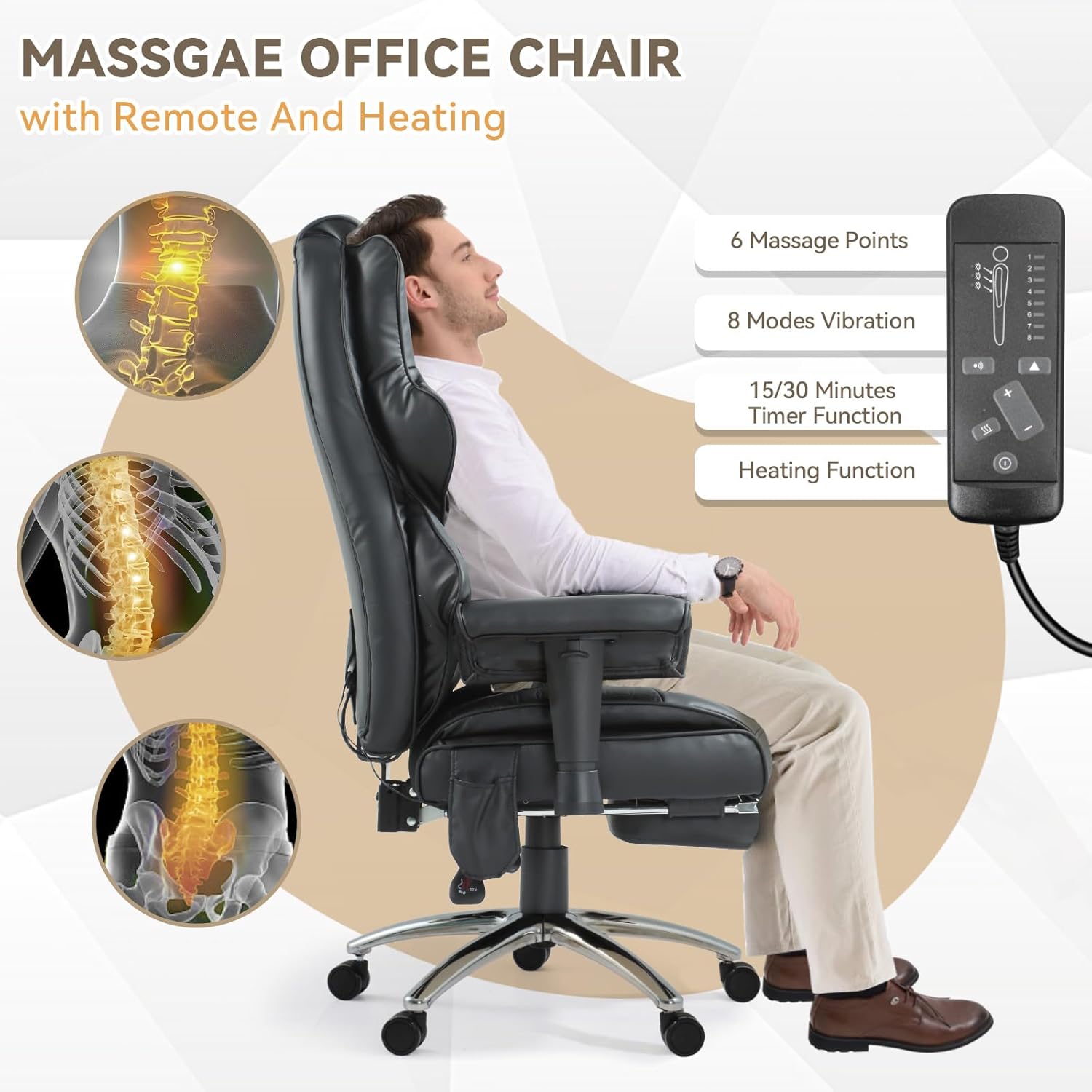 Executive Office Chair, 6-Point Vibrate Massage Office Chair with Heating Function, High Back PU Leather & Ergonomic Lumbar Support-Black
