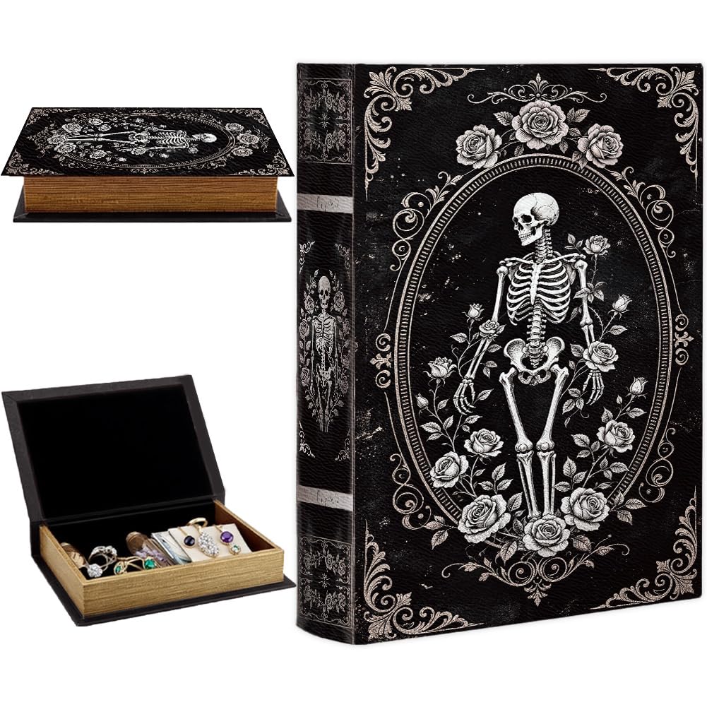 PRESSINART Gothic Book Storage Box 9.1 x 5.9 x 2 Inch Faux Book Boxes Skeleton Rose Pattern Decorative Storage Organizers for Jewelry Trinkets Wedding Hobby Keepsake Photos Home Bookshelf Decoration