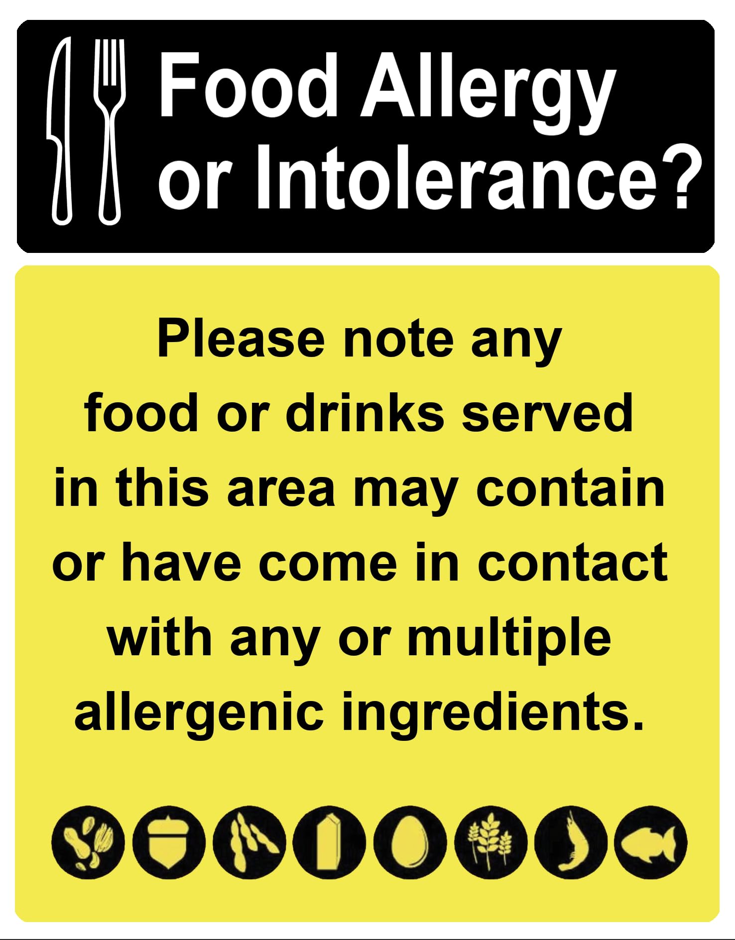 Food Allergy Or Intolerance Food Safety Warning Sign Adhesive Sticker 160mm x 125mm V2