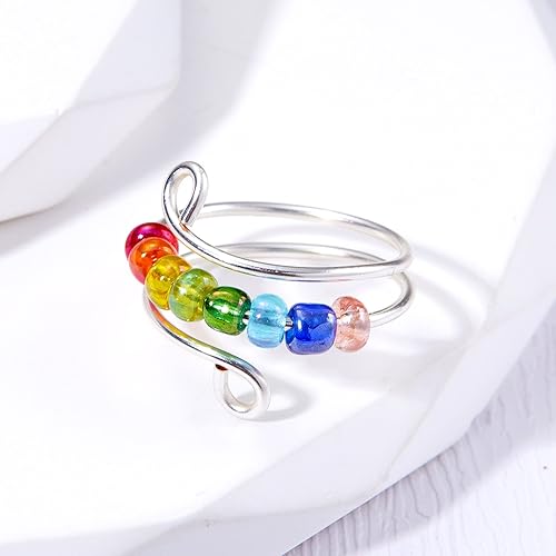 Miniatura 5 de Anillo antiestrés con texto en inglés "To My Daughter Drive Away Your Anxiety Rainbow Colorful Beads Adjustable Open Stacking Relief Spinning Anti