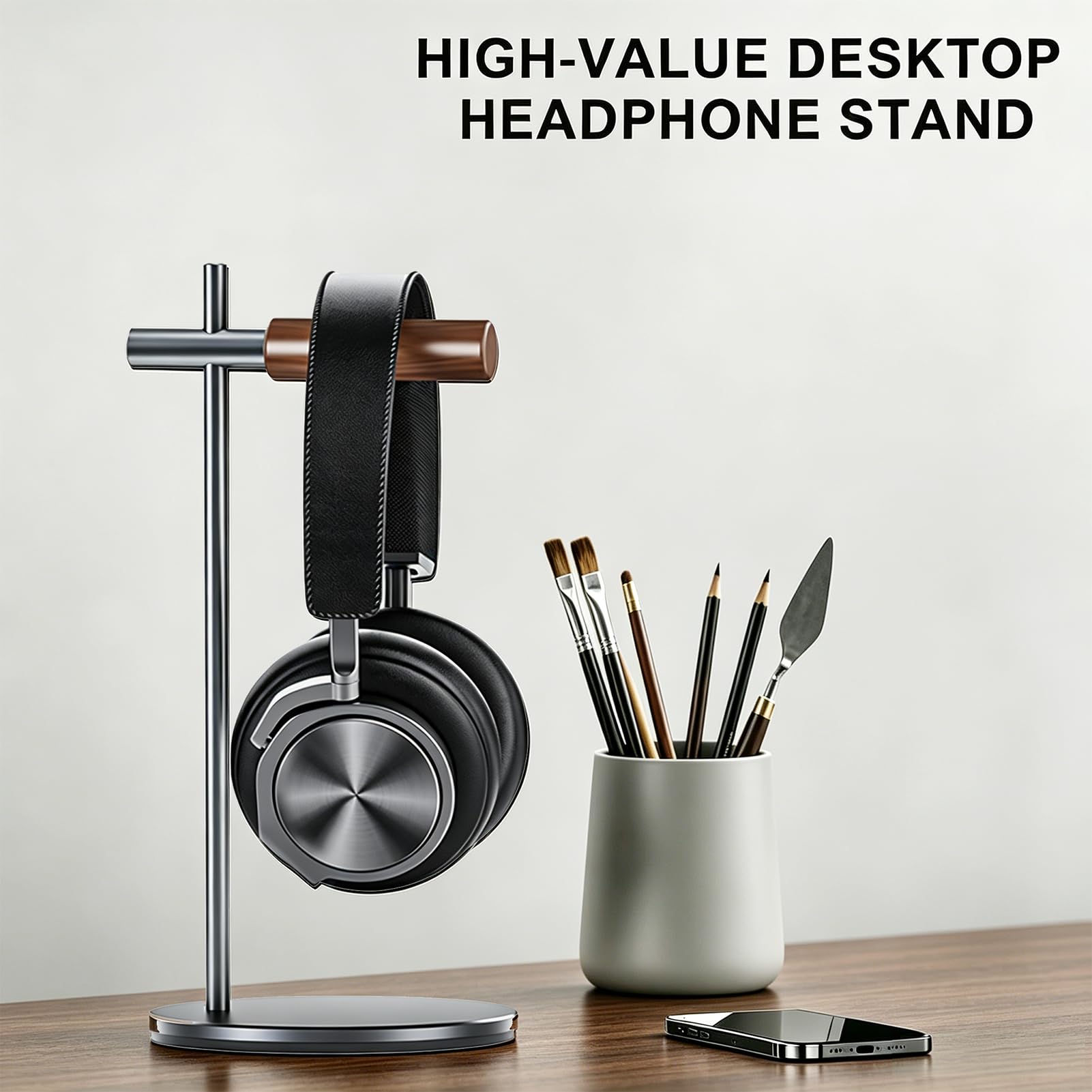 Supporto per Cuffie in Legno, Porta Cuffie Universale per Airpods max, Bose, Beats, Gaming, VR (Grigio)