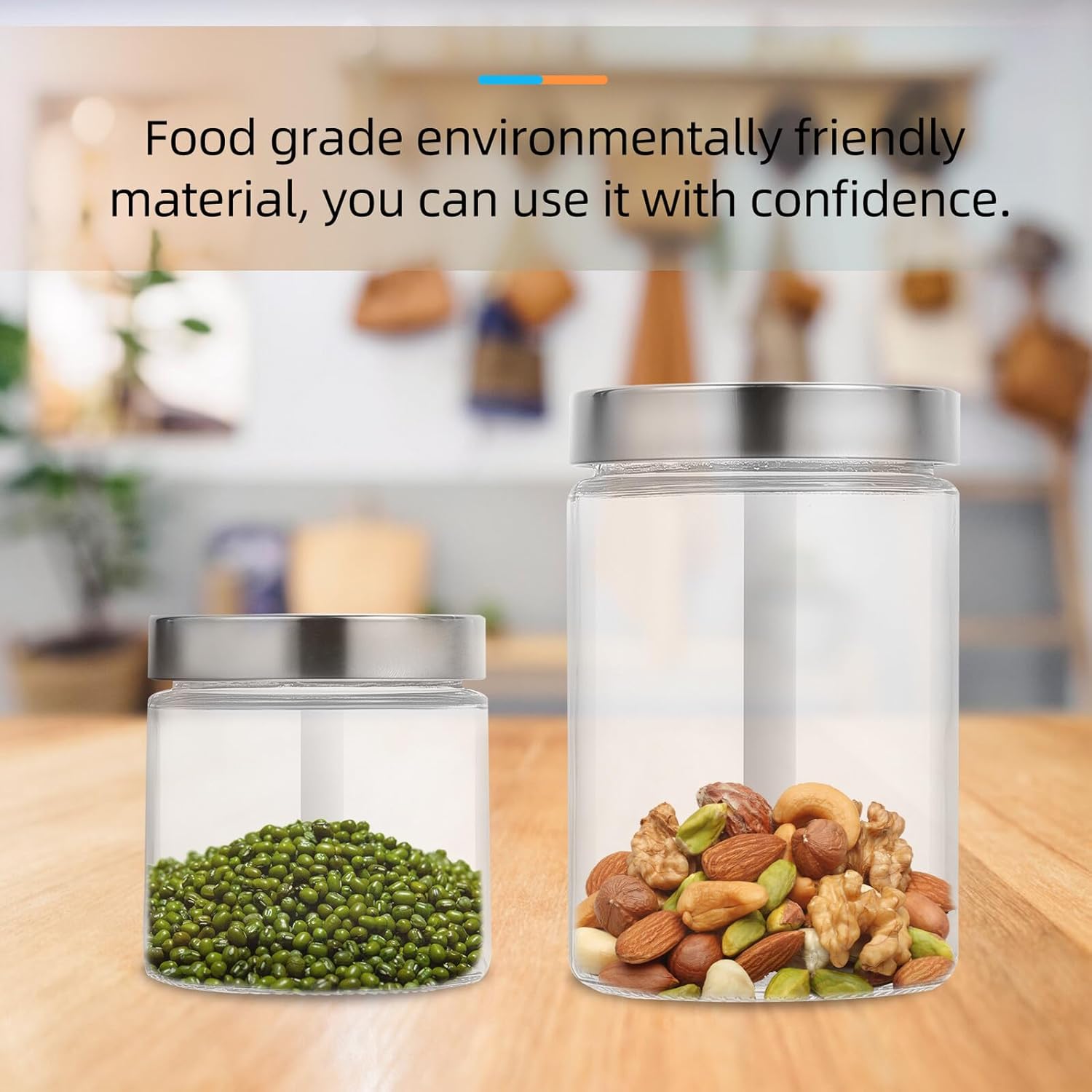 KICHOUSE 3pcs Stainless Steel Lid Glass Storage Jars Set 800ml+1100ml+1700ml Large Capacity Airtight Food Canisters for Kitchen Pantry Whole Grains Tea Storage