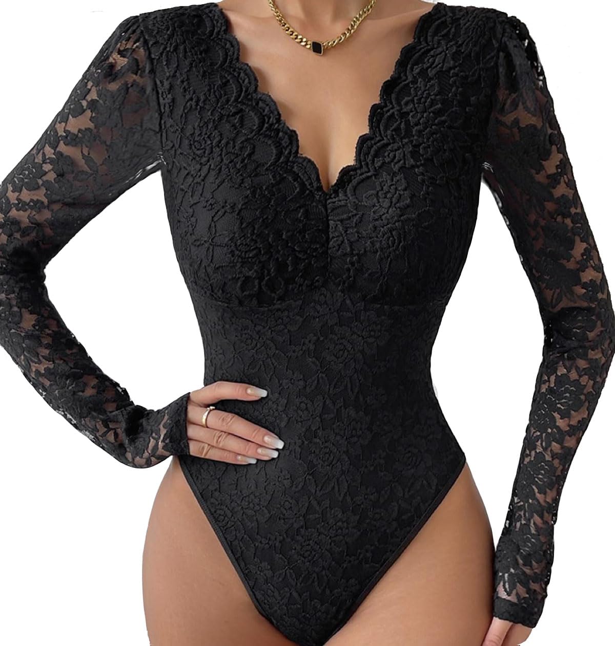 SHEKINI Body de encaje para mujer, lencería sexy, cuello en V, manga larga, body de encaje, leotardo floral transparente, ajuste entallado
