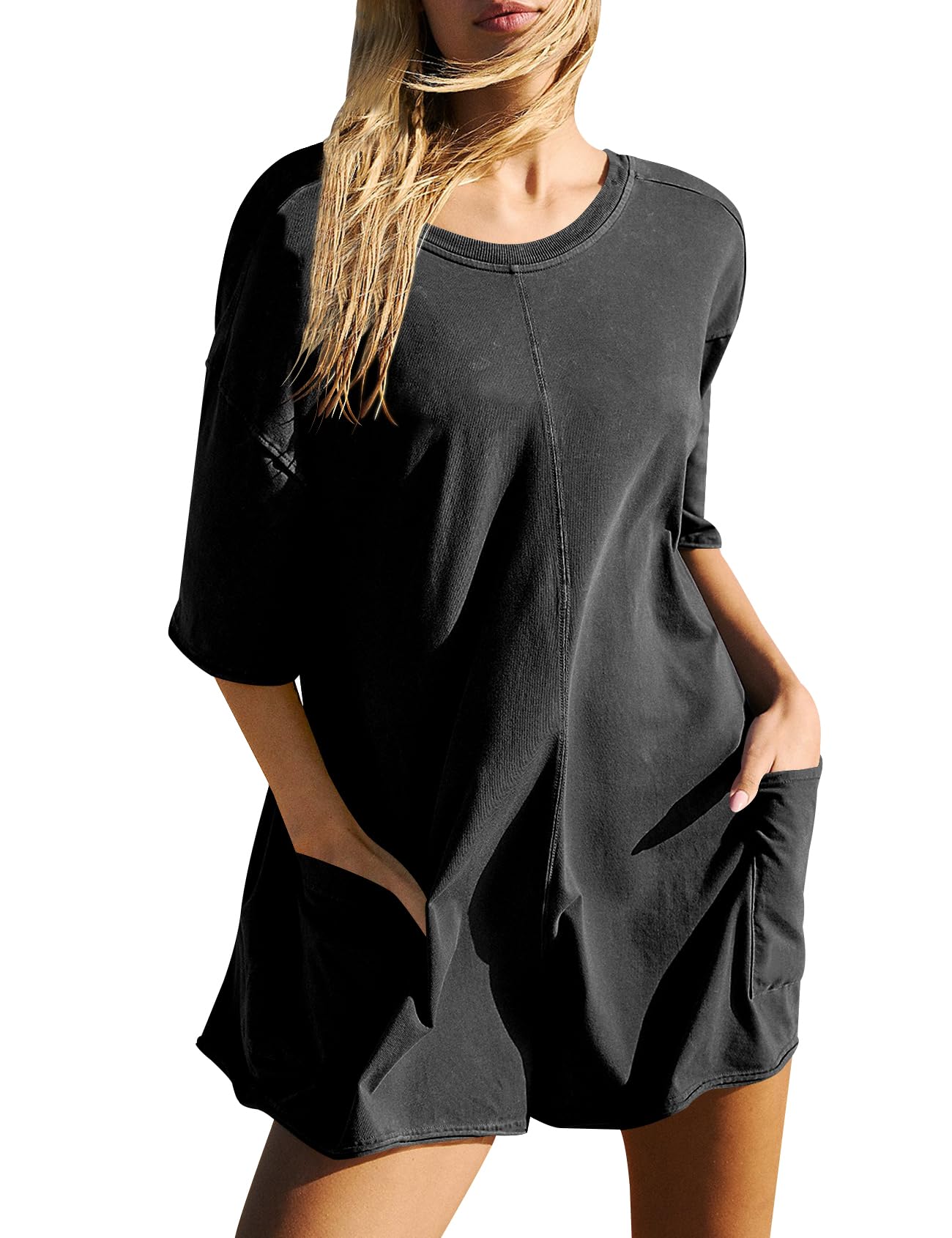 UgerlovWomen's Athletic Tee Romper Short Sleeve Workout Rompers Active Onesie Casual Shorts Jumpsuit with Pockets