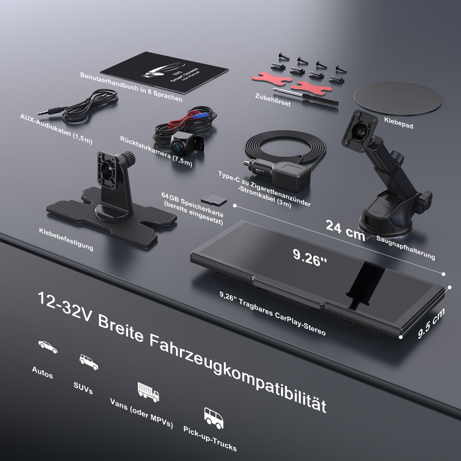 Avylet 9,26" CarPlay Display für Apple CarPlay & Android Auto, 60Hz Carpla mit 4K Dashcam und IP67 Rückfahrkamera, 64GB Karte, OTA-Updates, GPS Navigation, Bluetooth 5.0, Mirror Link, FM/AUX
