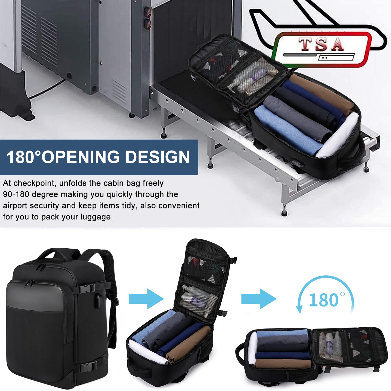 Zaino per Ryanair 40x20x25 Zaino da Viaggio Aereo 20L Borsa Cabina Bagaglio a Mano Borse Zaino da Viaggio Aereo Piccolo Borsa da Cabina per Voli Zaino Donna Uomo con Porta Ricarica USB, Nero