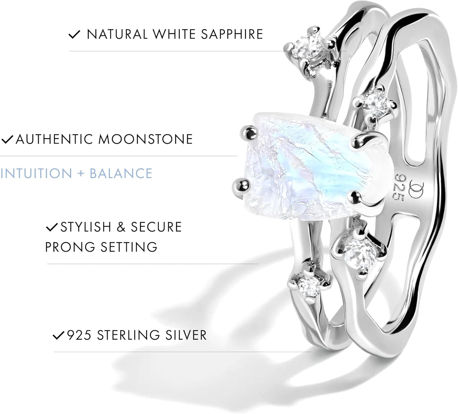 Moon Magic Authentic Moonstone Ring for Women | Amethyst, Aquamarine, Black Obsidian Ring Flow/Real 925 Sterling Silver | 18k Rose and Yellow Gold Raw Crystal Rings for Women/Genuine Gemstone Jewelry