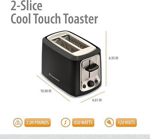 Miniatura 2 de Toastmaster Tostadora de 2 rebanadas, color negro con acero inoxidable, esencial de cocina para sándwich, pan y tostada de desayuno, tostadora con