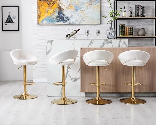 Miniatura 4 de CIMOTA Juego de 2 taburetes de bar ajustables de terciopelo blanco con respaldo abiertobase dorada para isla, hogar, bar, comedor, cocina, bistró,