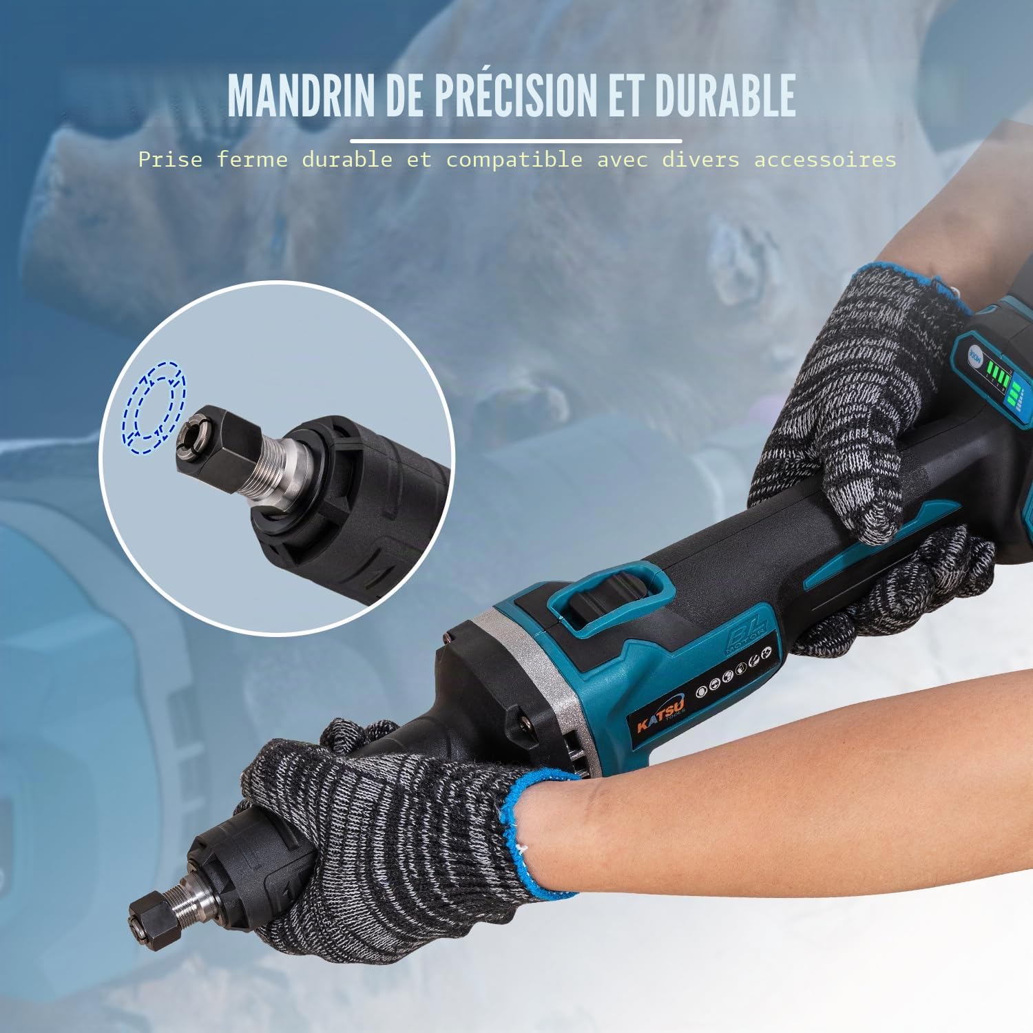 KATSU FIT-BAT 21V Brushless Meuleuse Droite sans Fil, avec Moteur sans Balais, Mandrin de 6mm et 4 Vitesses Variables, sans Batterie ni Chargeur 102319