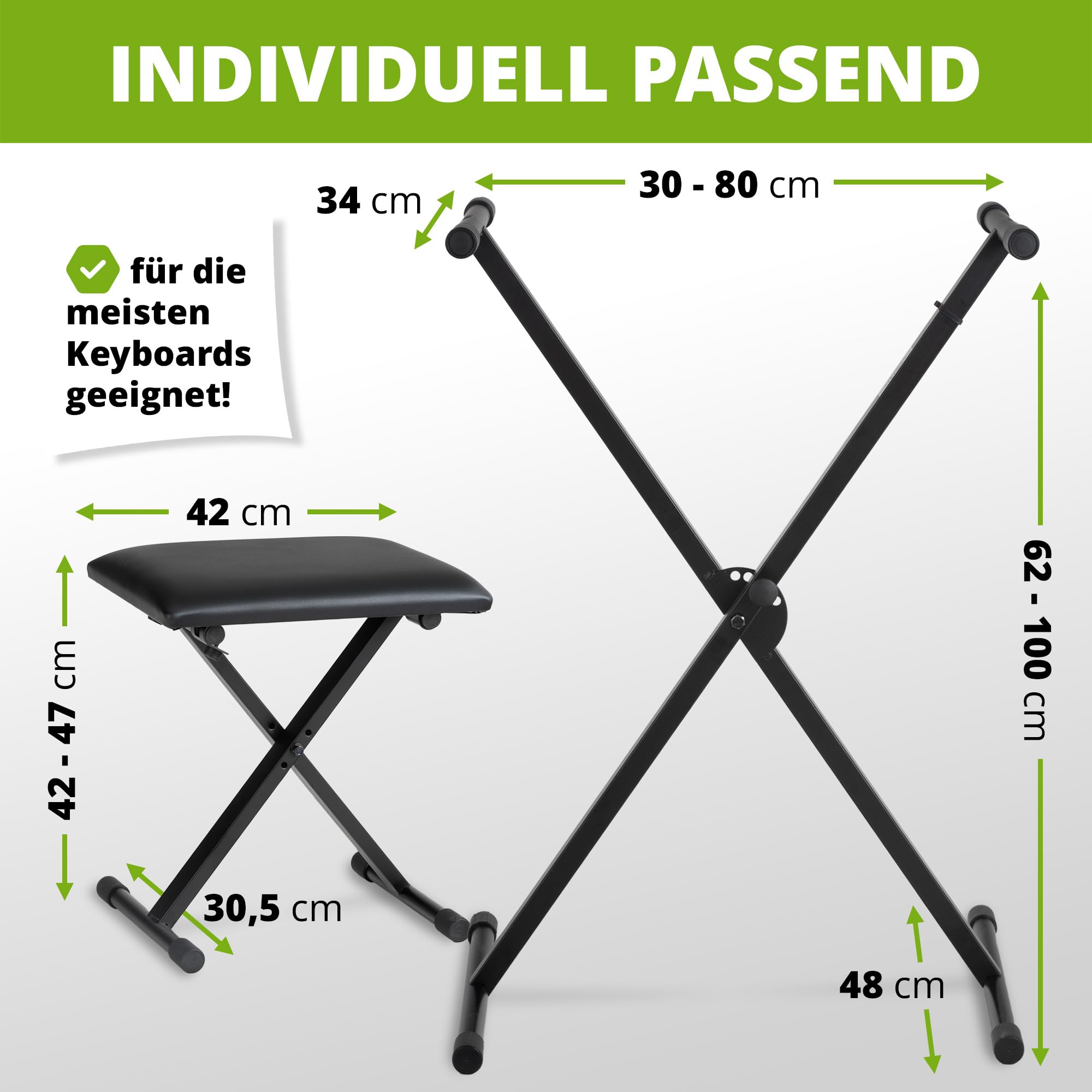 Classic Cantabile Keyboard-Set - X-Keyboardständer 5-Fach höhenverstellbar - gepolsterte Keyboardbank 3-Fach höhenverstellbar – Stabiler, klappbarer Ständer und komfortabler Klavierhocker - schwarz