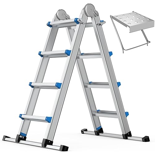 13.5FT Aluminum Foldabl Extension Ladder - Heavy-Duty A-Frame Adjustable Design for Home & Work, 330lbs Capacity, Retractable System with Safety Lock