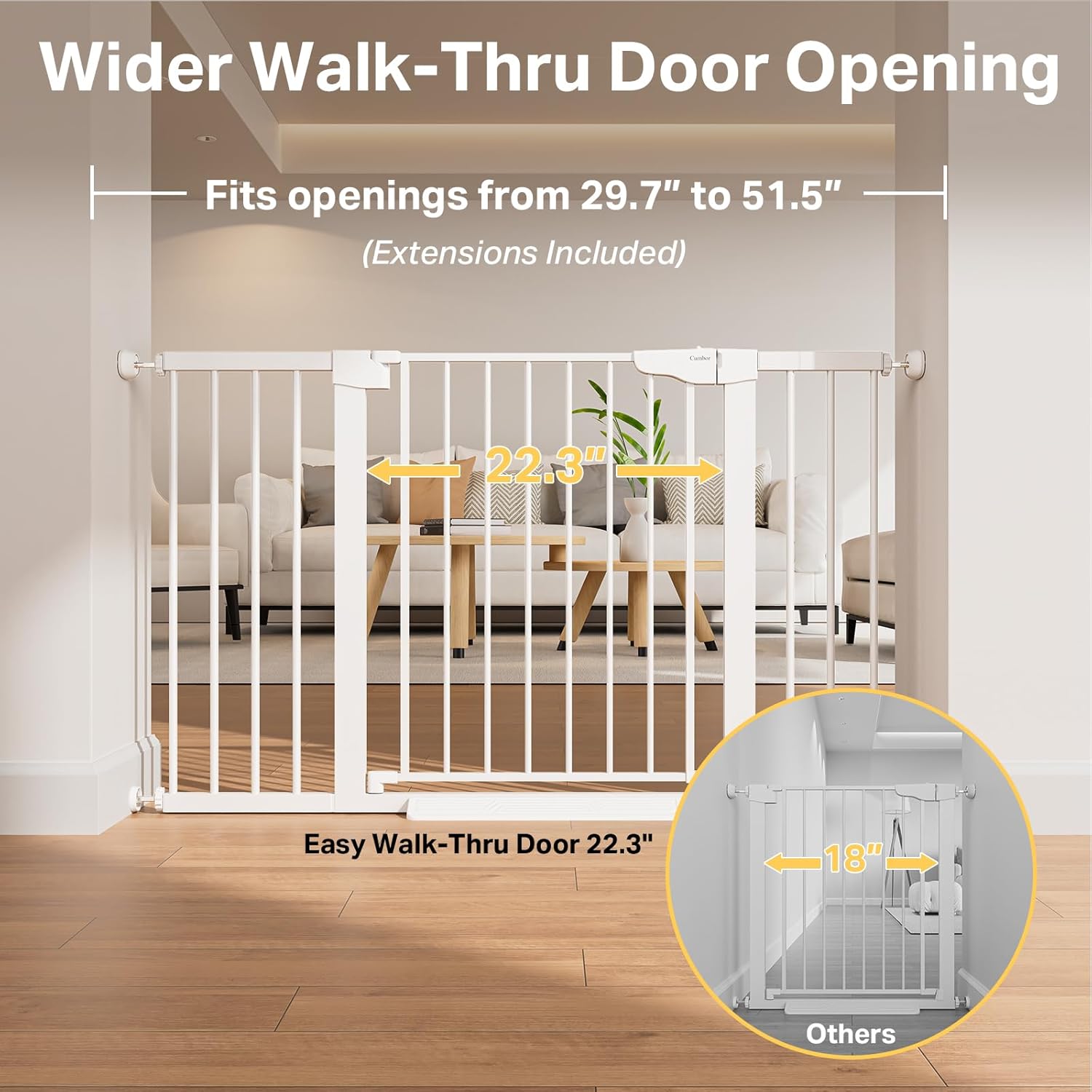 Cumbor 29.7–51.5 Extra Wide Baby Gate for Stairs, Pressure-Mounted Dog Gates for Doorways & Hallways, Auto-Close Walk-Through, No-Trip Design, Child Proof Safety, Dog/Pet Gate for Indoor Use, White