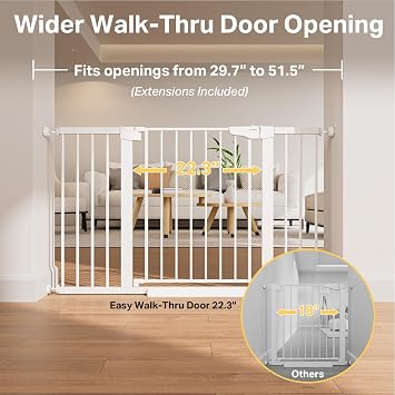 Cumbor 29.751.5 Extra Wide Baby Gate for Stairs, Pressure-Mounted Dog Gates for Doorways & Hallways, Auto-Close Walk-Through, No-Trip Design, Child Proof Safety, Dog/Pet Gate for Indoor Use, White