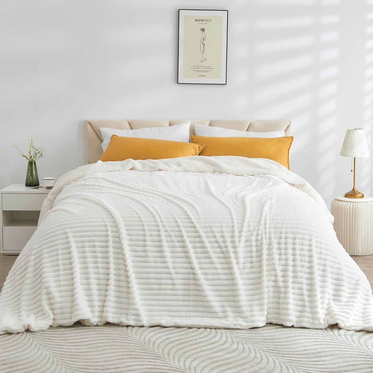 Infiixso Sherpa Fleece King Size Blanket Striped Flannel