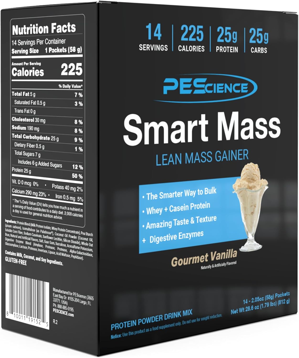 PEScience Smart Mass Gainer, Lean Muscle Weight Gainer, Whey Protein & Casein Protein Blend with Slow-Digesting Carbs, Maltodextrin-Free, 14 Packets - Gourmet Vanilla