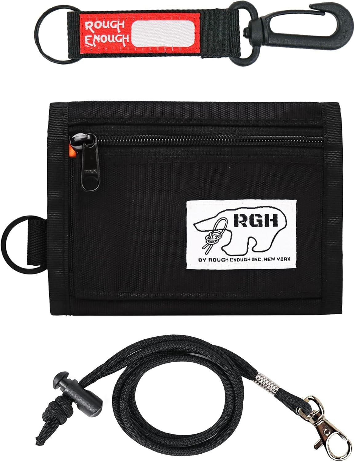 Rough Enough Kids Wallet for Boys Teens, with 500D Water-Repellent Cordura and YKK Zipper, 3 Card Slots, ID Window, Neck Lanyard and Keychain, for Camp, Sports, Travel and Daily Carry, Black