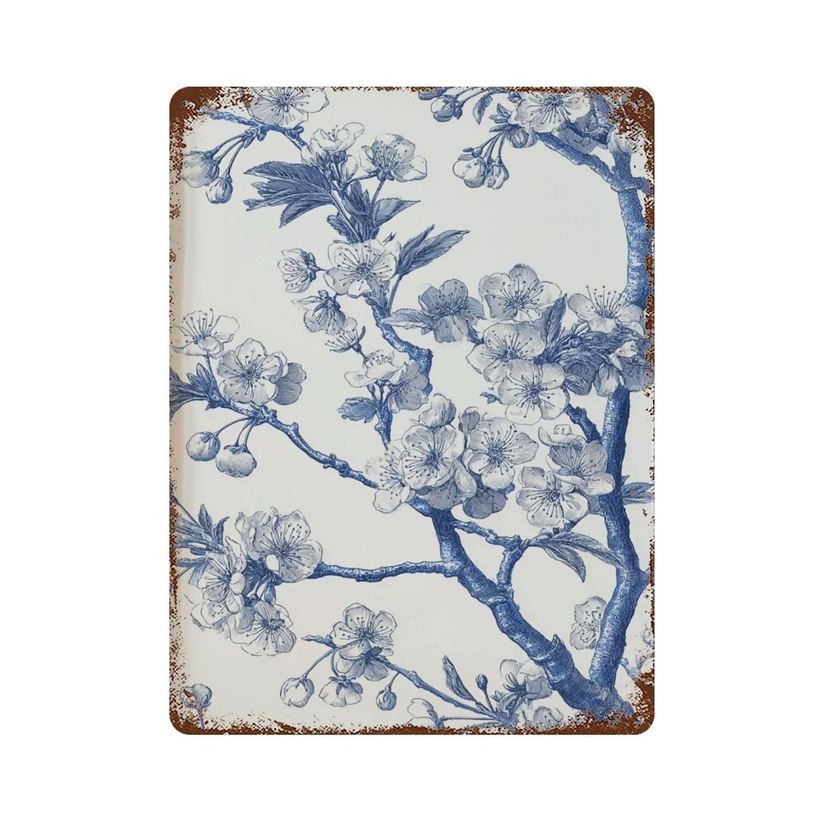 xiaoxiaoshen Cherry Blossom Branch Blue Ink Botanical Japanese Sakura Line Drawing Elegant Mi Wall Decor Art Metal Tin Poster Modern Home Decor Art Home Bar Shop Decorations Vintage Sign 40x30cm