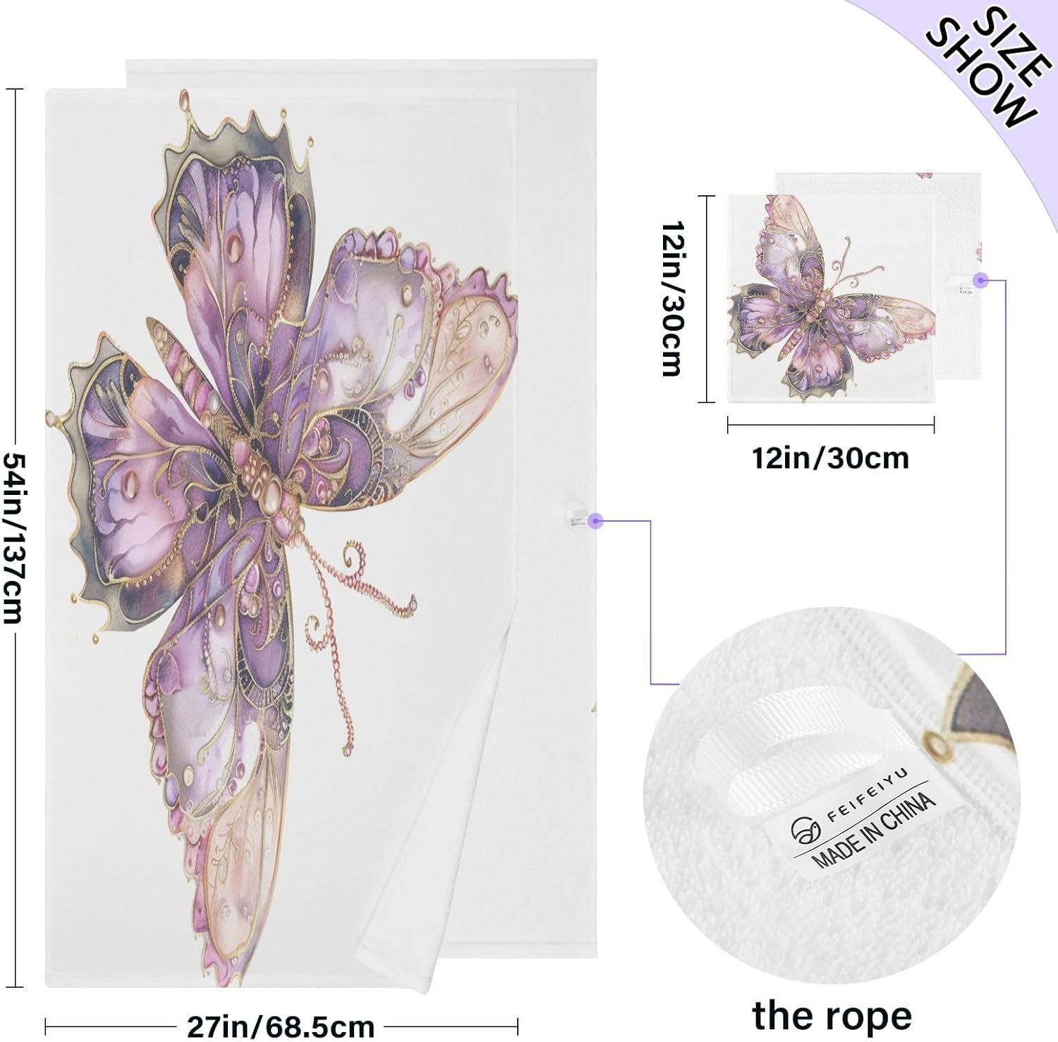 Hand Towels Premium Soft and Highly Absorbent Elegant Butterfly 2 Pcs Towels for Bathroom Set 100% Cotton Decorative Face Towels