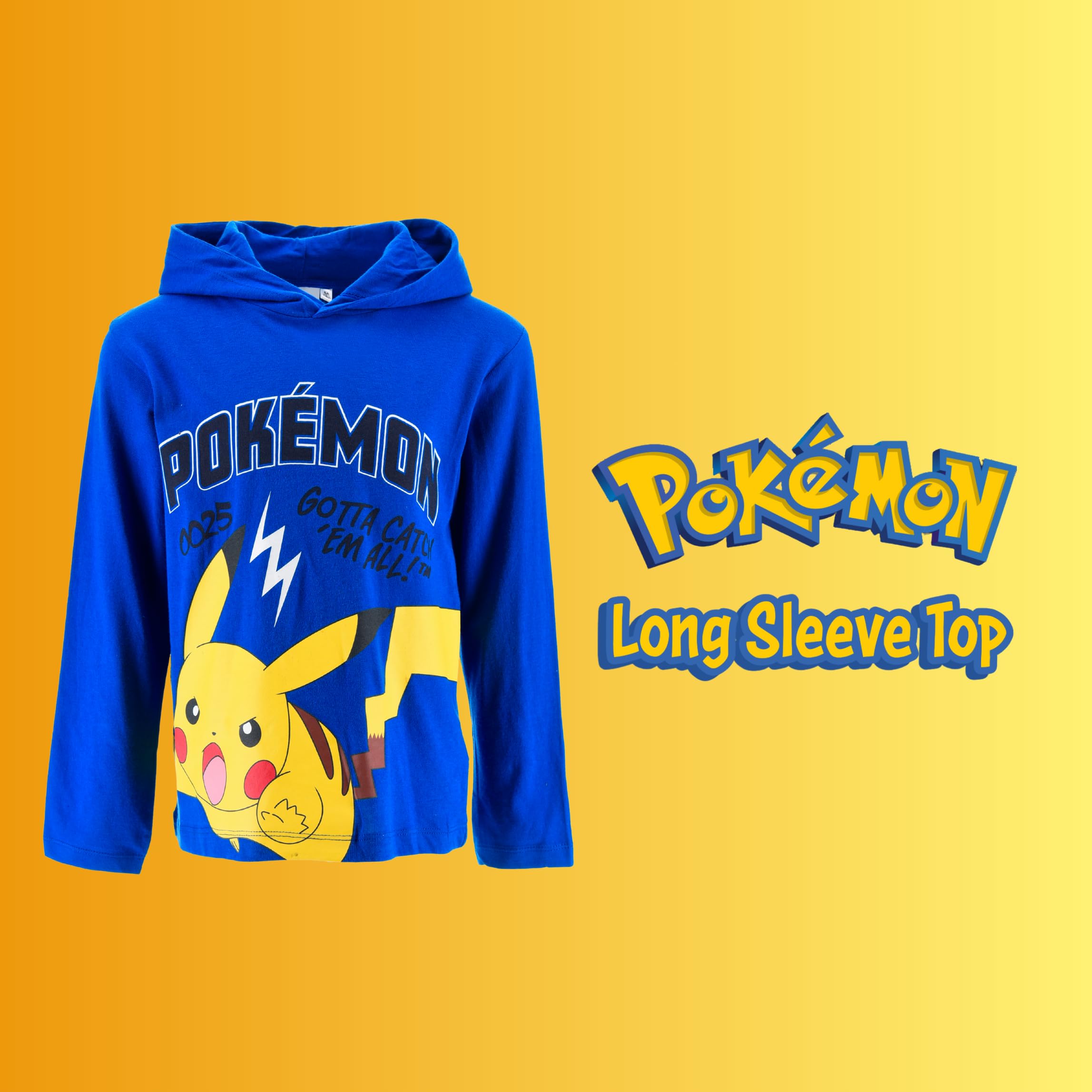 Pokemon Jungen T-Shirt Langarm Kapuzen Weiches Textil, Geschenk für Kinder, Größen 4 bis 12 Jahre