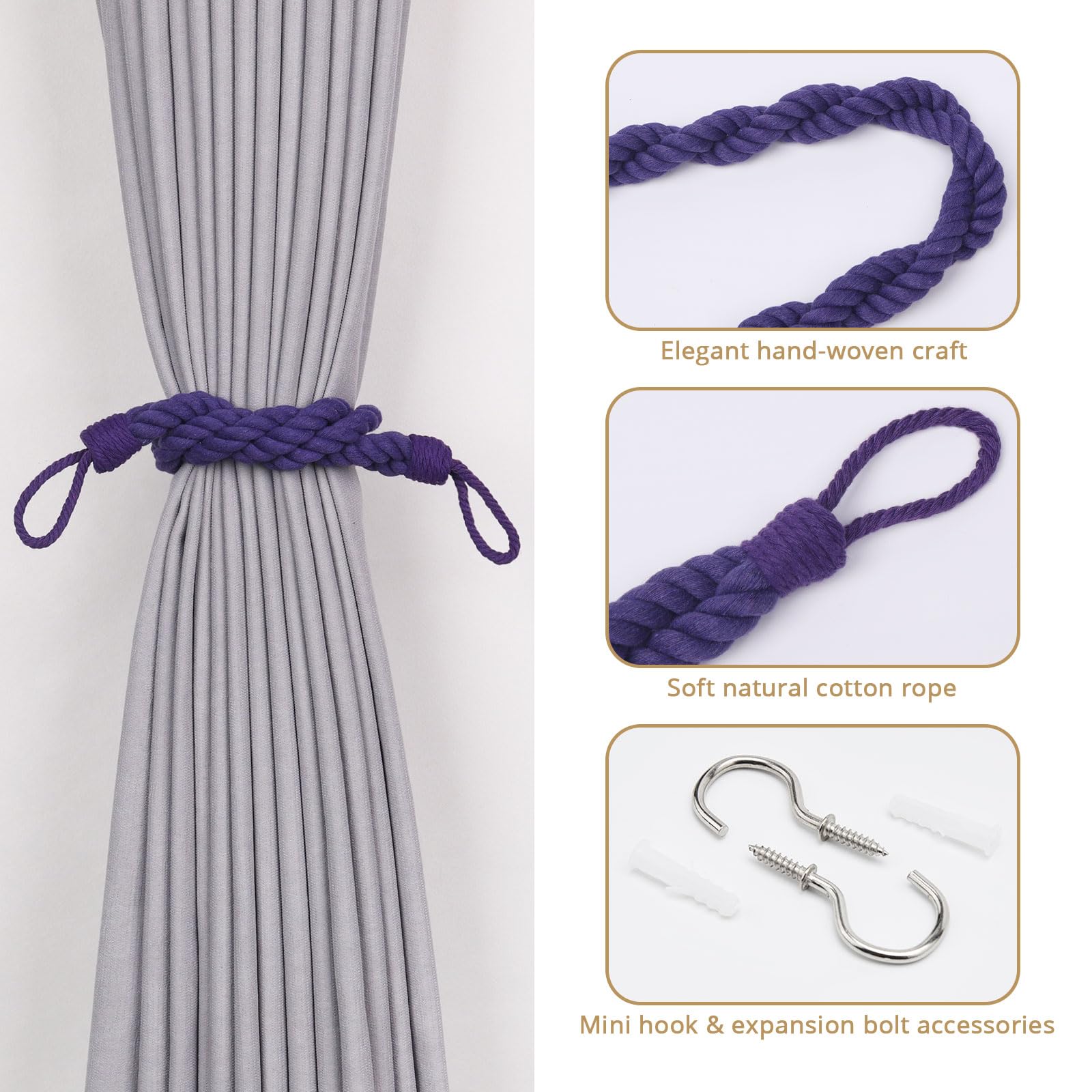 Pretty Jolly 4 Pack Natural Cotton Rope Curtain Tiebacks Elegant Boho Style Decor Drape Tie Backs Soft Hand-Woven Double Rope Curtain Holdbacks with Metal Hook for Home & Office Drapery (Purple) - Image 2