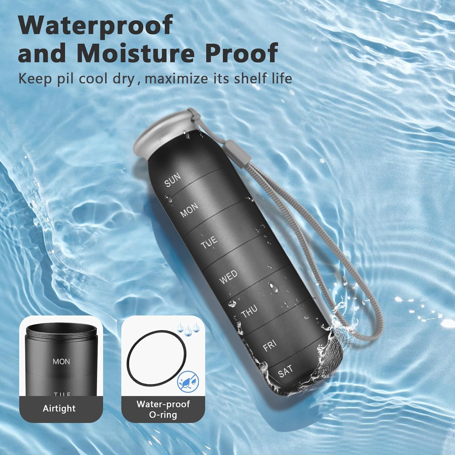 Weekly Pill Organizer, Portable Travel 7 Day, Waterproof Container, Large, Aluminum, Metal, Hold Vitamins, Cod Liver Oil, Supplements and Medications (Black)