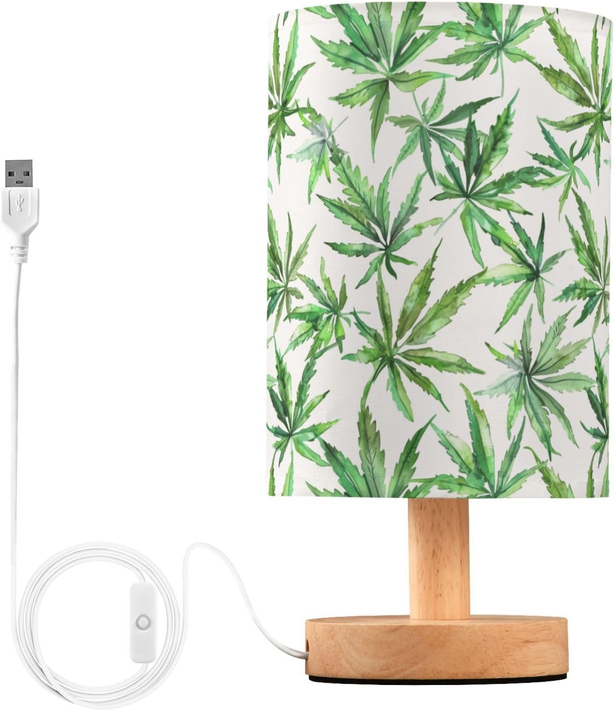 Watercolor Green Marijuana Leaves Bedside Table Lamps with USB Port for Bedroom Lamp Accent Table Lamp Small Nightstand Lamp Sturdy Linen Shade Wooden Base Decorative Lamps for Kids|Reading|Dorm|Home