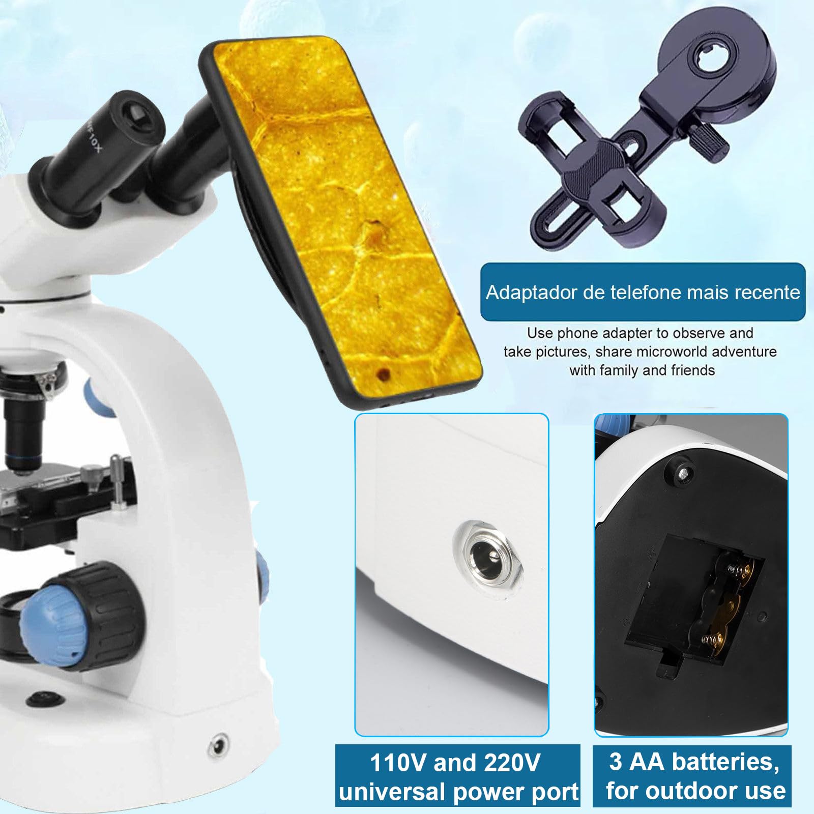 Microscopio óPtico Profesional 2000X / 5000X, Microscopio Trinocular para Estudiantes De Primaria Y Secundaria, Lentes Objetivos 4X, 10X, 40X, 6X/100X, con Soporte para TeléFono MóVil,2000X