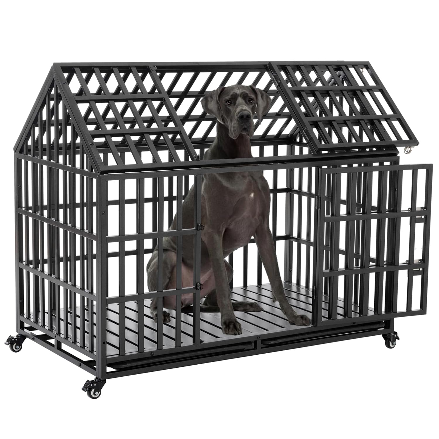 52'' Heavy Duty Indestructible Dog Crate, Peaked Roof Escape-Proof Impact Pet Cage for High Anxiety Large Giant Dogs, Sound Proof Chewproof Steel Kennel Double Door with Wheels and Trays, XXL
