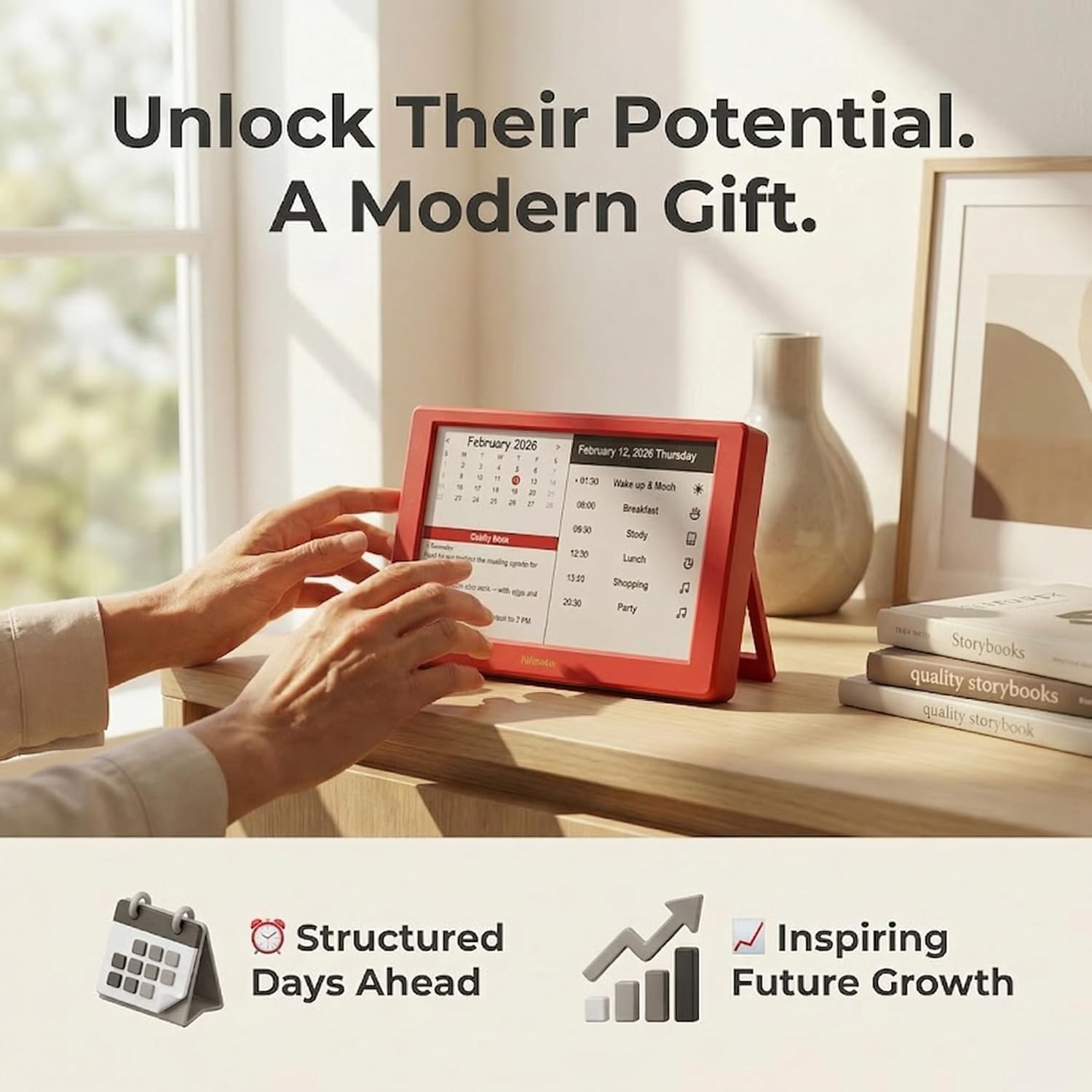 V2 Smart Digital Dashboard, 7 Inch E-Paper Customizable Display with Rechargeable Battery, Wi-Fi Information Hub for Weather, Calendar, Time Cards & Global Language, Home Office Decor (Red)