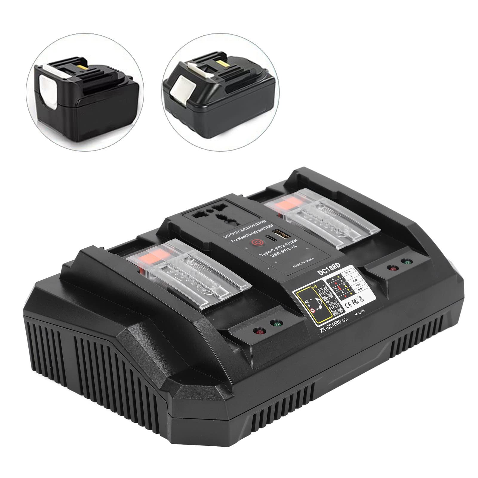 Cargador de batería de Doble Puerto e inversor de Corriente de 220 W Compatible con baterías de Iones de Litio de 14,4 V 18 V, reemplaza a DC18RD DC18RC DC18RA DC18SF, Incluye