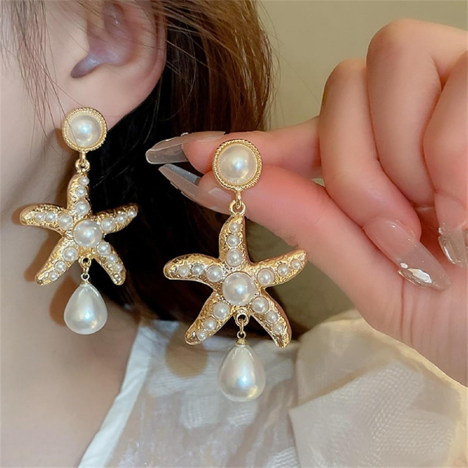 Starfish Earrings for Women Gold Sea Star Pearl Drop Earrings Chunky Starfish Dangle Earring Beach Statement Starfish Drop Hawaii Summer Vacation Ocean Jewelry Accessories - Image 2