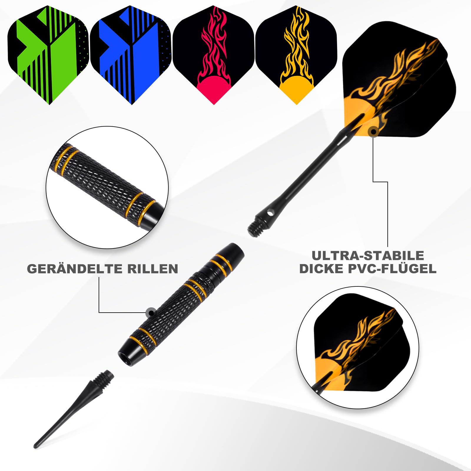 Dartpfeile Elektronische Dartscheibe,Dartpfeile Soft,Kunststoffspitze,12 Stück à 18 Gramm mit 120 Ersatzspitzen,6 Dartflügeln, Flight Protector, Aufbewahrungskoffer, Dart für elektronische Dartscheibe