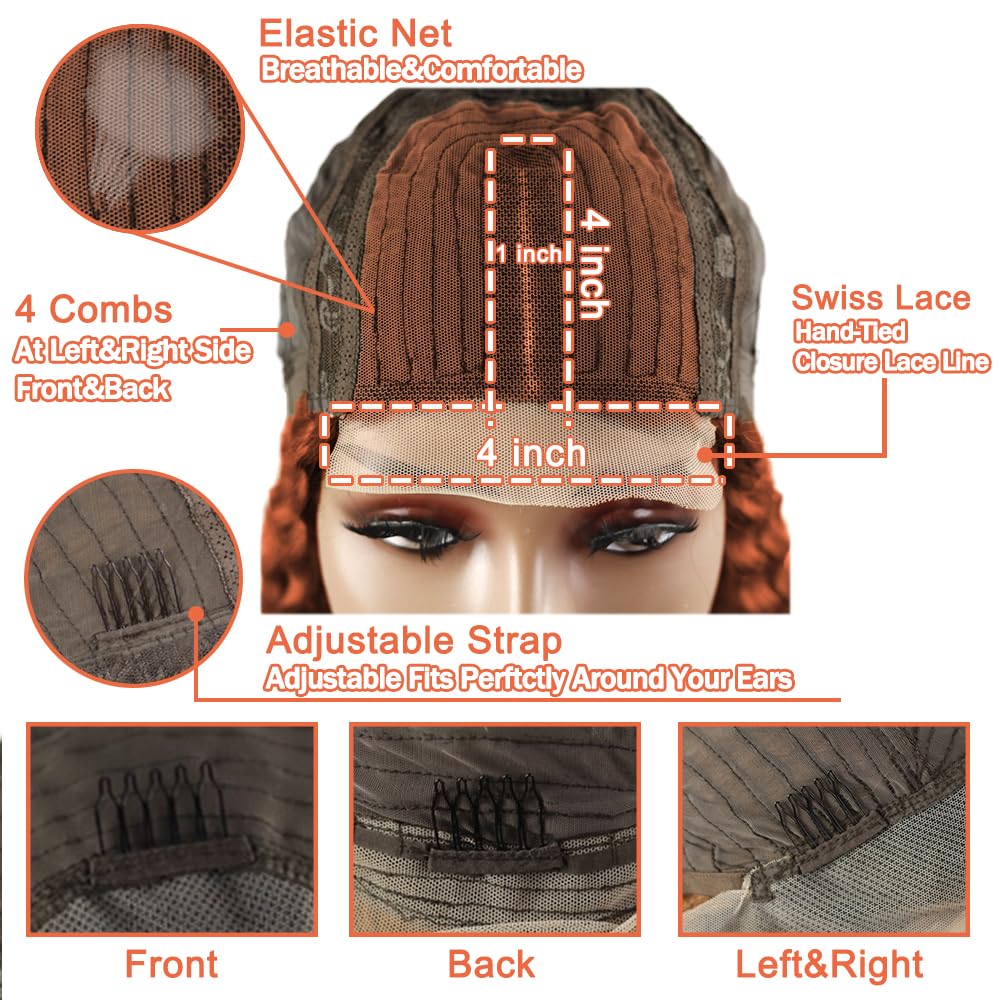 Weeybay 4x4 Lace Front Human Hair Wig #350 Copper Red Color Middle Part Lace Unprocesseed Glueless Virgin Hair Deep Wave Wigs For Women 20 Inch - Image 4