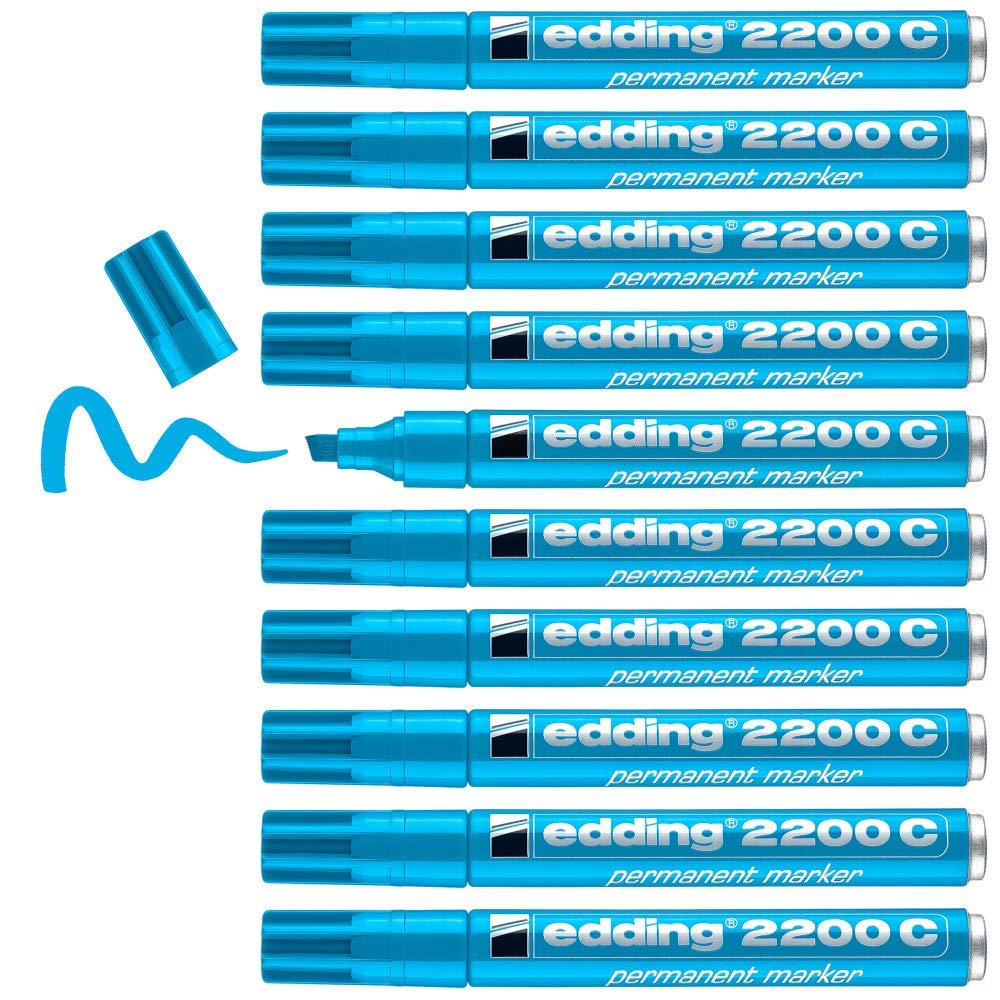 edding 2200 C permanent marker, light-blue, box of 10, chisel tip 1-5 mm, quick-drying permanent marker pen, waterproof