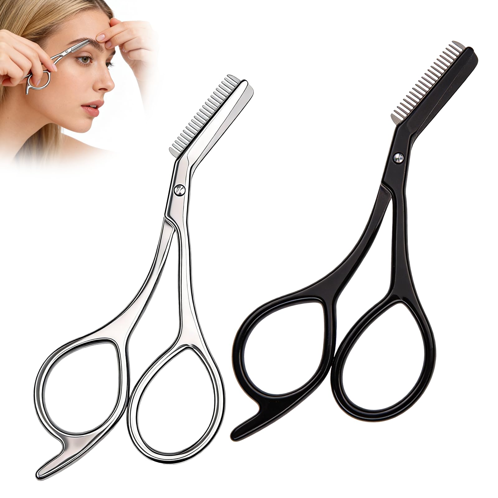 Funnaura Silver Black 2 Pcs Eyebrow Scissors – Stainless Steel Brow Trimming Scissors For Precise Grooming Of Eyebrows, Facial Hair & Nails