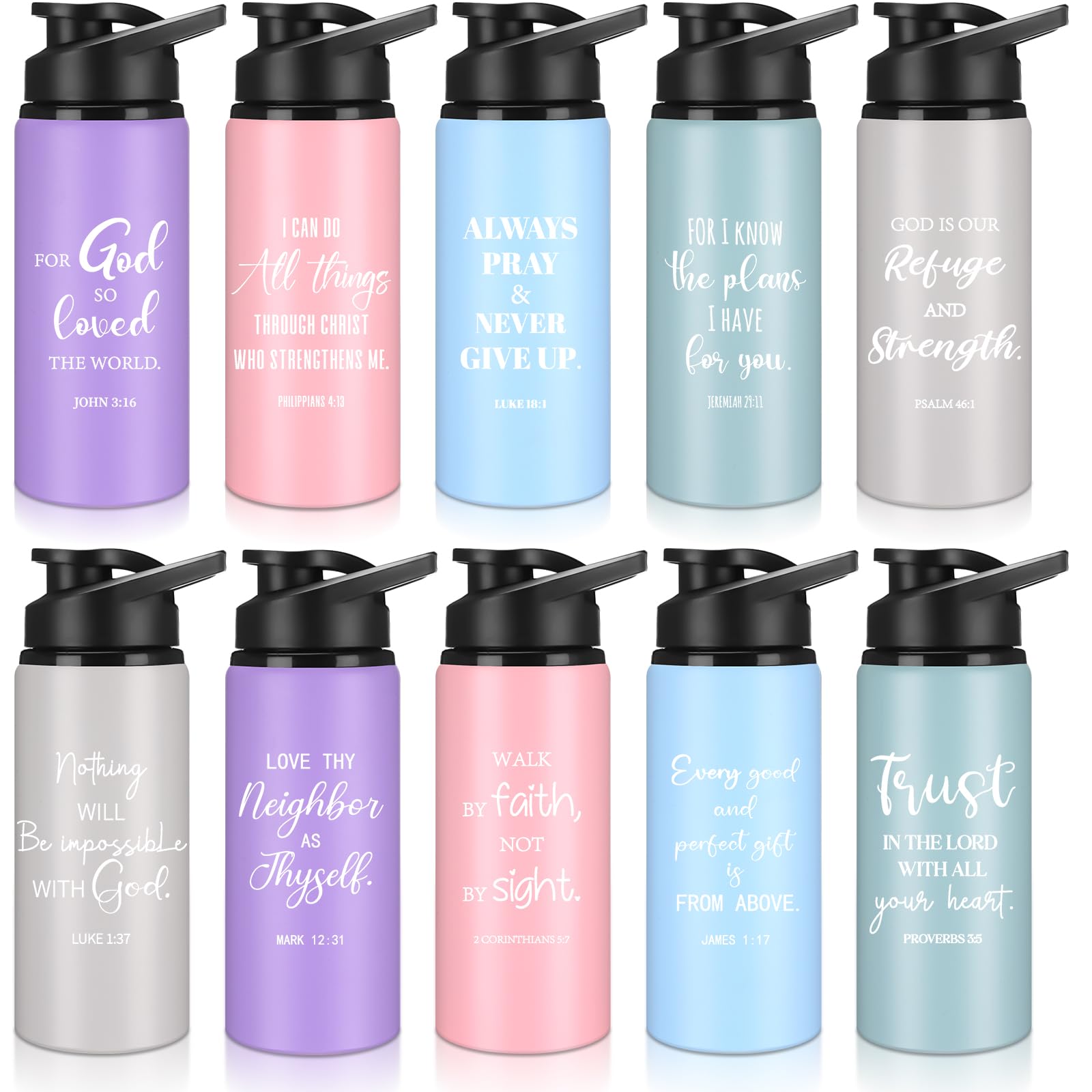 Skybooly 10 Pcs Christian Aluminum Water Bottles, Light Colors, English