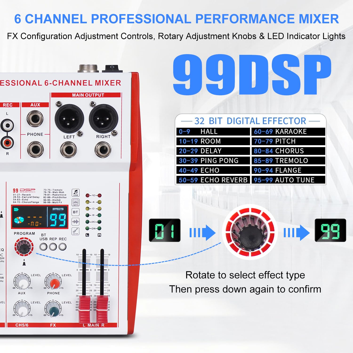 MW-6 White 6 Channel Professional DJ Audio Mixer, Portable Controller Mixer with DSP 99 Preset Effects for Live Streaming, Podcasting, Family Party, Music Recording