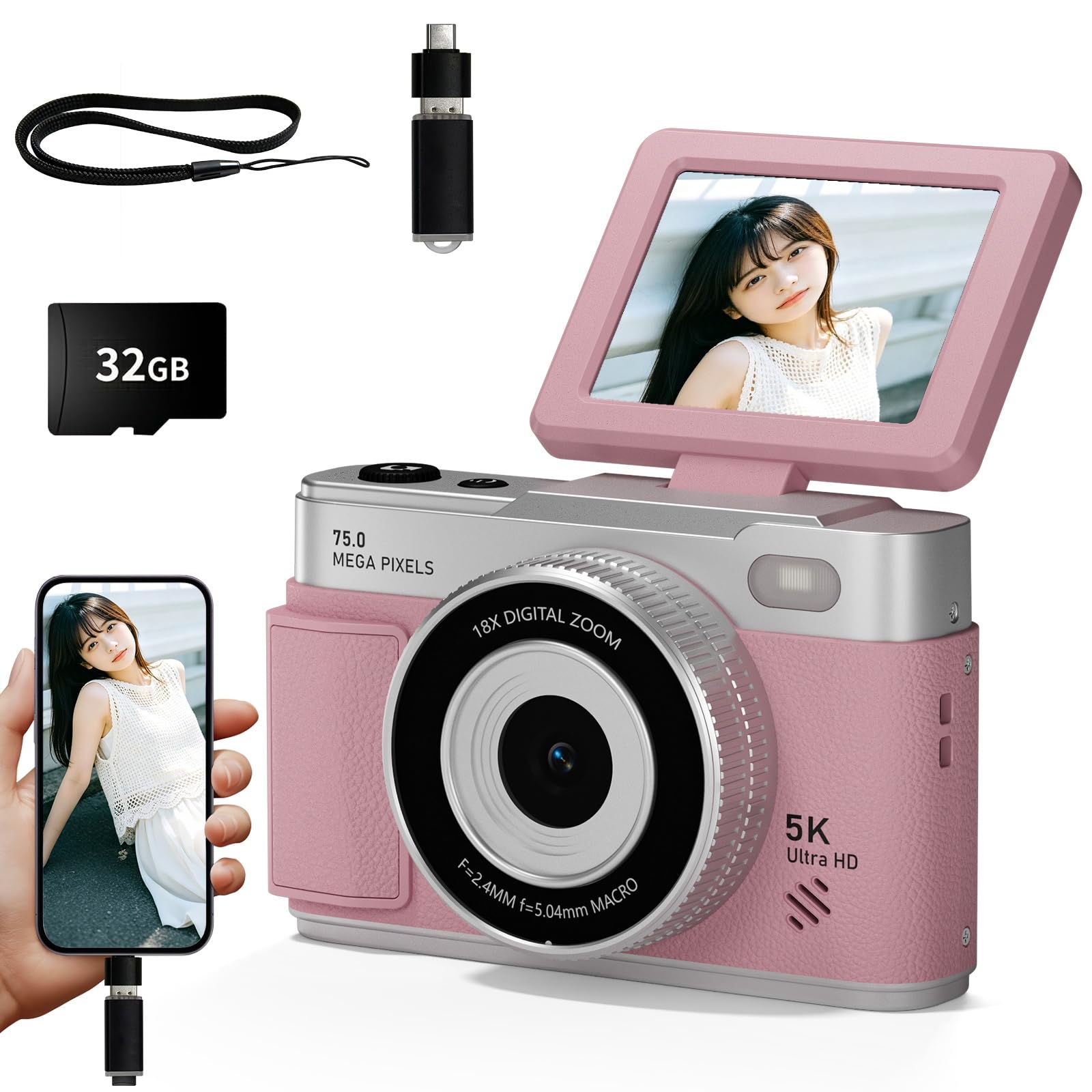 Amazon | CLCRHBK デジタルカメラ 5K 7500万画素 スマホに転送 OTG対応