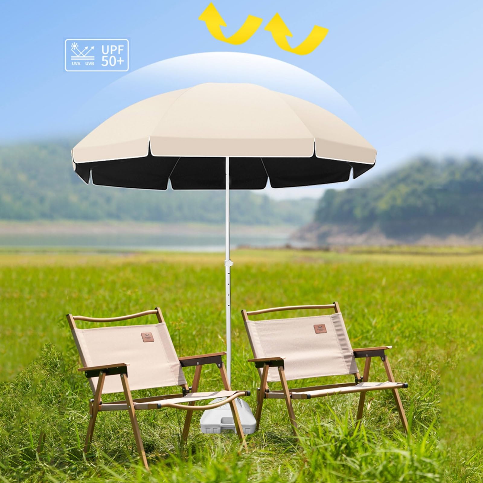 Outdoor Round Patio Umbrella 6/7/8FT, UPF50+ Portable Market Umbrella with Adjustable Height for Garden, Beach, Backyard, Deck, Waterproof & Windproof