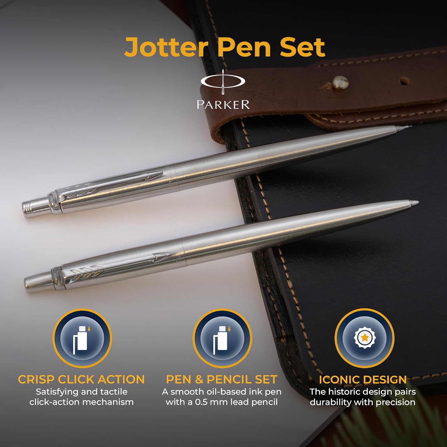 Parker Jotter Ballpoint Pen and Pencil Set, Stainless Steel with Arrow Clip, Custom Engraved — Graduation, Promotion, or Engineer and Architect Gift