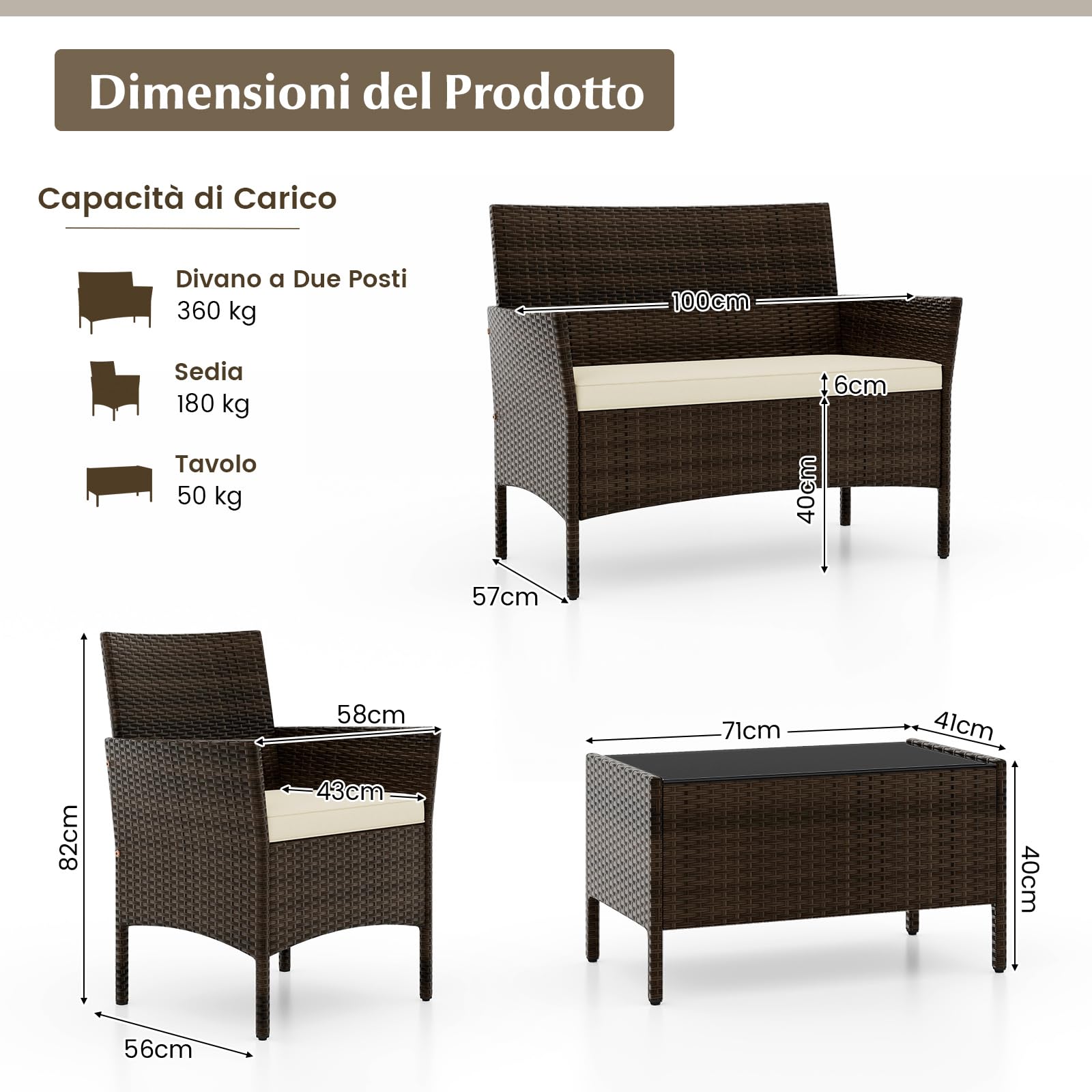 COSTWAY Set di Salotto da Giardino in Rattan 4 Pezzi, Set Mobili da Esterno in Vimini con Cuscini Morbidi, Divanetto e Poltrona con Tavolo in Vetro Temperato per Giardino e Veranda (Marrone)