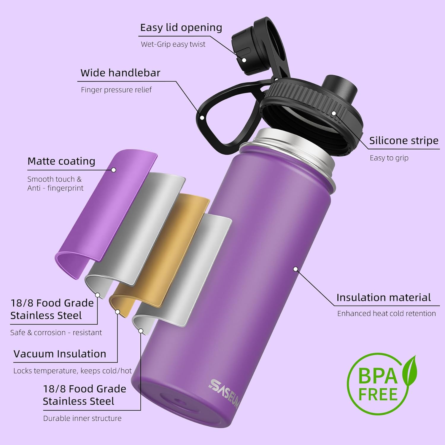 SASEUM Sport Water Bottle 18oz Stainless Steel Double Wall Vacuum Thermal Mug with Leak Proof Spout Lids, Wide Mouth Metal Insulated Water Jug for Gym and Travel（Purple） - Image 3