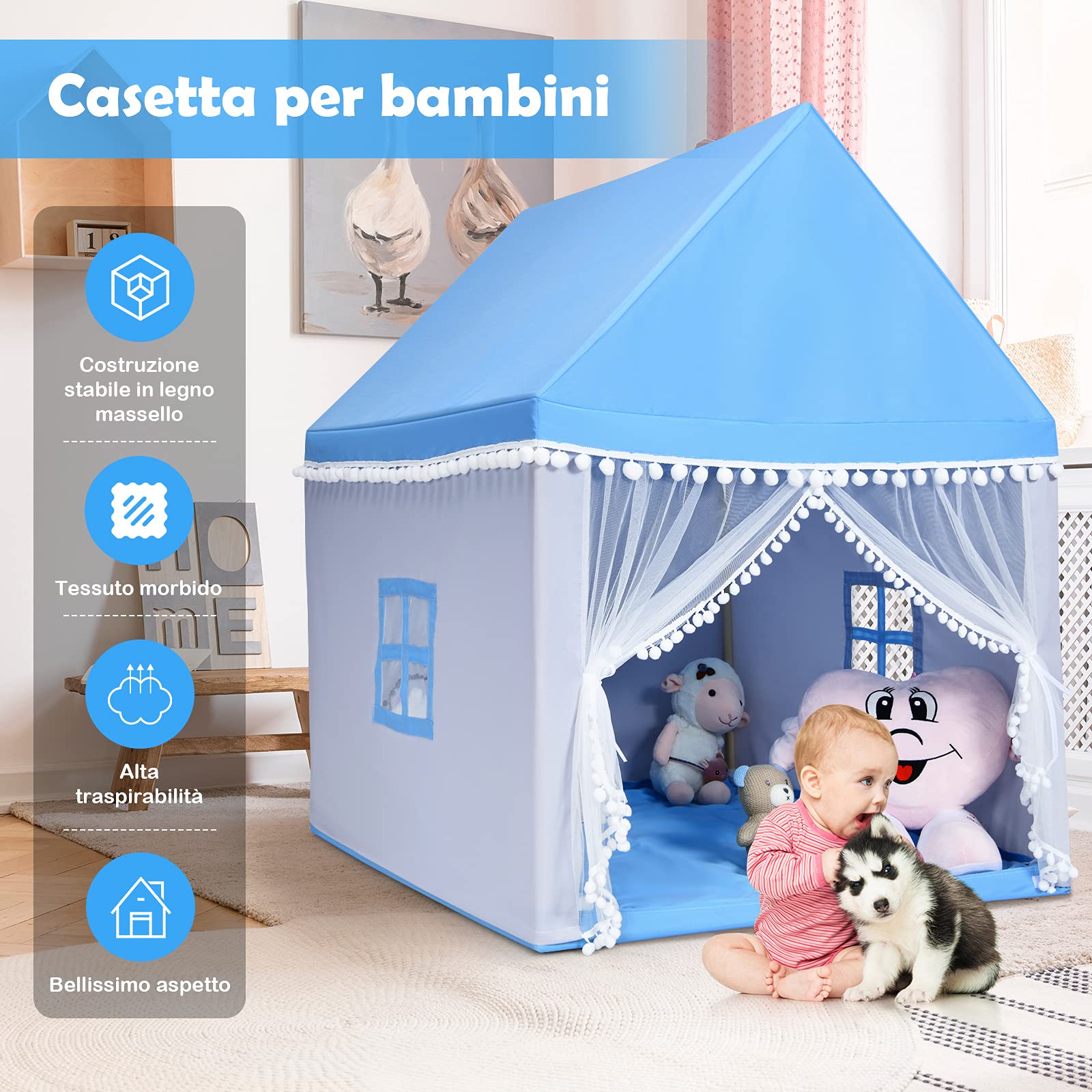 GYMAX Tenda per Bambini, Castello Giocattolo con Materasso Lavabile e Struttura in Legno Massello, Casetta per Bambini da Interno ed Esterno, Regalo di Compleanno o Natale (Blu)