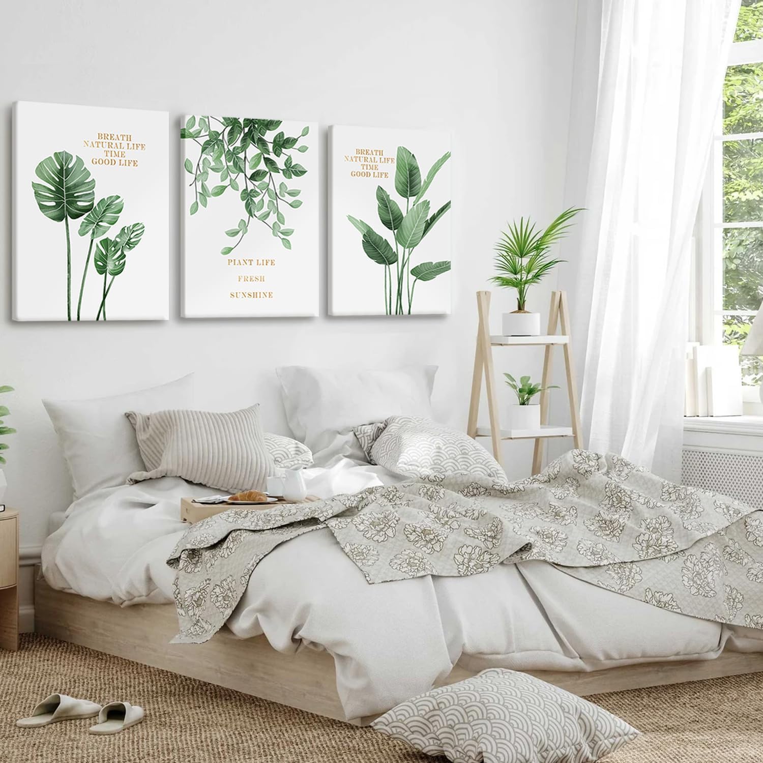 EHNTNNMA 3 Pcs Of Green Palm Leaf Canvas Wall Art High-Definition Plant Inspirational Posters Images Minimalist Natural Plant Prints For Living Room Bedroom Bathroom Office 16 X 24 Inch Framed