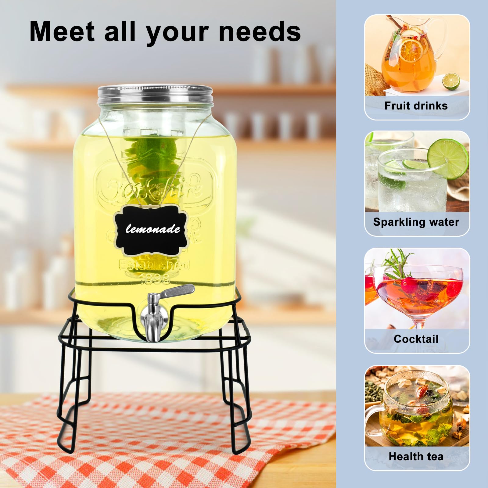 Dispensadores de bebidas de vidrio de 2 galones para fiestas, dispensadores de bebidas con soporte y espiga de acero inoxidable 100% a prueba de fugas. Dispensador de jarra de agua de vidrio,