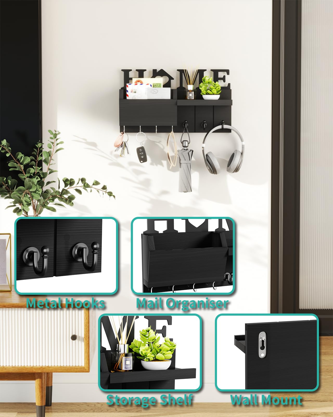 SWTYMIKI Support mural pour clés - Crochets pour clés Supports muraux en bois Organisateur de courrier avec porte-clés et support de courrier Design adapté pour l'entrée, la porte d'entrée, le couloir